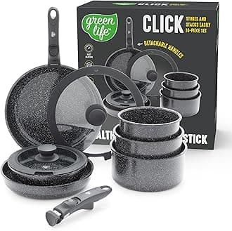 GreenLife 10 Piece Nonstick Pots & Pans Set, Detachable Handle & Stackable Cookware Set, Non Toxic PFAS-Free Skillets, Induction Kitchen Pans, Space Saving, Serving Bowls, Oven Safe, Granite Black