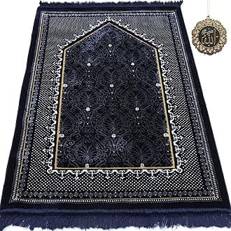 ModefaTurkish Islamic Velvet Prayer Rug - Thick & Wide Soft Praying Carpet - Large Traditional Muslim Salah Mat - Ramadan & Eid Gift - with Car Hanger - Double Plush Topkapi (Blue)