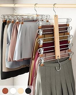 - MORALVE Skirt Hangers Space Saving with Clips - 2 Pack - European Beechwood 5-Tier Hanger for Shorts, Skirts, and Pants - Closet Organizer and Storage Solution for Women with 360° Swivel Hook