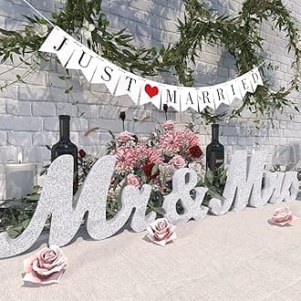 Mr & Mrs Sign & Just Married Banner - Large Sliver Wooden Sweetheart Table Decorations, Photo Props & Anniversary Party Head Table Decoration