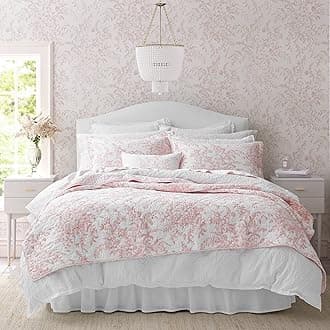 Laura Ashley Reversible Cotton Bedding with Matching Shams, Lightweight Home Decor for All Seasons, Bedford Pink, King