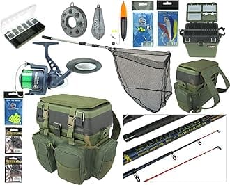 COMPLETE STARTER SEA FISHING KIT SET ROD & REEL SEAT BOX RUCKSACK SEA TACKLE NET