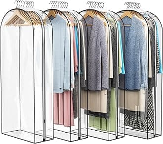 Clear Garment Bag for Hanging Clothes 10” Gusseted, 50” Suit Bags for Open Closet Storage Plastic Clothes Cover for Coat, Dress, Shirts, Fur, Jacket, Wardrobe Protectors, 4 Pack