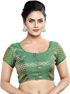 Madhu FashionWomen's Short Sleeves Banaras Brocade Readymade Saree Blouse