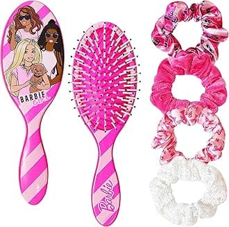 - Barbie Hair Accessory 5 Pcs Set - 1 Regular 9 inch Hairbrush & 4 Scrunchies - Detangling Brush Elastic Hair Ties Ropes, Ages 3+
