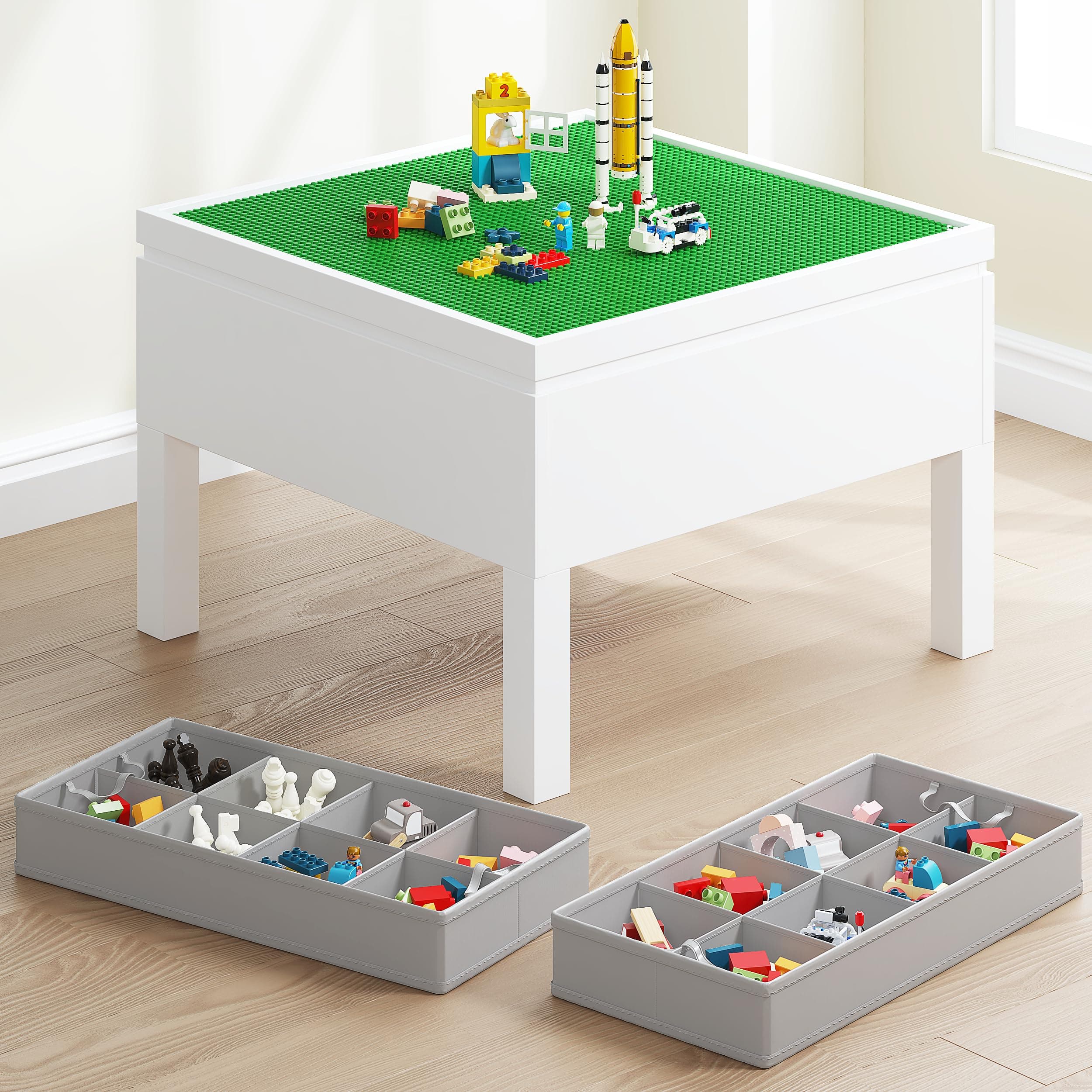 UTEX3 in 1 Kids Activity Table with Storage, Kids Construction Play Table Compatible with Lego and Duplo Bricks, Chess Table for Building Block, Drawing, Crafts