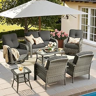 ovios 7 Pieces Patio Furniture Set, Outdoor Wicker Sofa with Swivel Chairs, Coffee Table, All Weather High Back Rattan Loveseat Couch with Comfy Cushions, Black