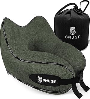 SNUGLSNUGL Travel Pillow - Memory Foam Neck Cushion - Flight Pillow | Support Neck Pillow for Travel | Travel Neck Pillow for Airplane with Carry Bag & Clip | Flying Travel Essentials (Light Green) Regular