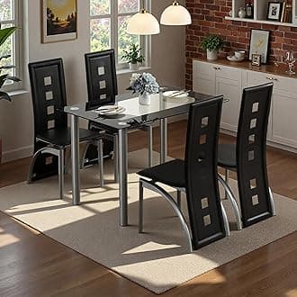 Karl home 5-Piece Dining Table Set with 1 Glass Dining Table and 4 PVC Chairs, Modern Dining Table Set for Kitchen & Breakfast Dining Living Room, Space Saving