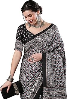 SAREE MALL Women's Ajrak Block Print Dola Silk Saree With Unstitched Blouse Piece