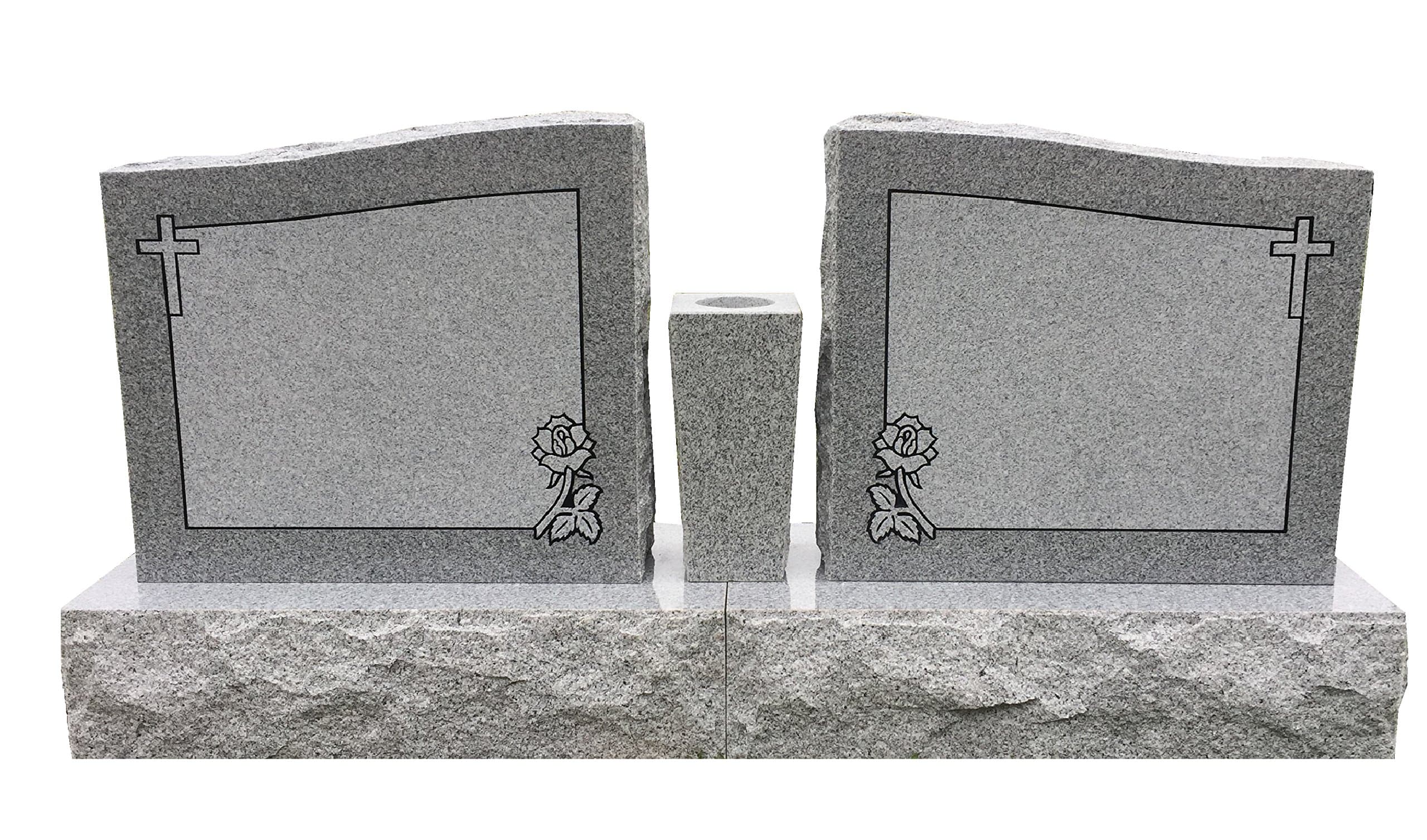 Custom Engraved Two Person Cemetery Memorial with Center Vase | Granite Headstone Double Memorial Die & Base | Companion Wing Upright Monument