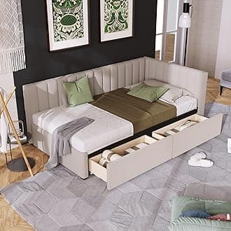 Twin Corner Daybed with 2 Storage Drawers,L Shaped Day Bed with Upholstered Armrest,Modern Sofa Bed Frame,Linen Fabric,No Box Spring Needed (Beige)