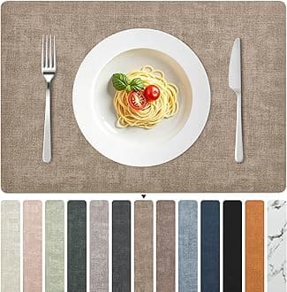 FROMHEART Faux Leather Placemats Set of 4–Waterproof,Heat/Oil Stain-Resistant PU Table Mat–Reversible,Non-Slip,Easy to Clean Place Mats for Kitchen,Dining,Indoor/Outdoor,(Light Coffee,11.8" x 17")