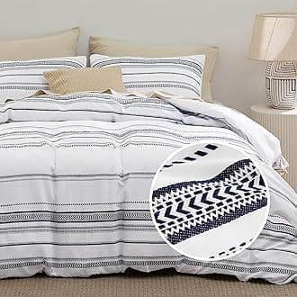 Bedsure Boho Duvet Cover - Boho Bedding Duvet Cover Set for All Seasons, Shabby Chic Jacquard Duvet Cover (White&Navy,Striped,King Size,104"x90")