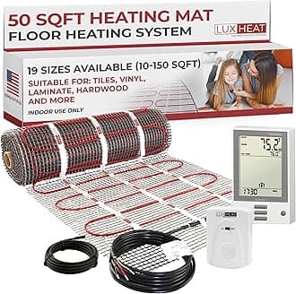 50sqft Floor Heating Mat Kit – 120v Electric Radiant Heated Floor Kit – Heated Flooring System for Tile & Laminate - Includes UDG Programmable Thermostat w/GFCI, Alarm & Sensor