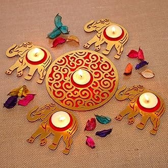 Saudeep India MDF Wood Readymade Elephant Rangoli Set with Tealights | Tea Light Candle for Diwali Decoration Items for Home Decor Best Festive Corporate Gift Item