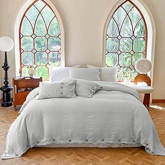 Simple&Opulence 100% Linen Duvet Cover Set 3pcs with Coconut Button Closure Natural French Washed Flax Solid Color Soft Breathable Farmhouse Bedding - Light Grey, Queen Size