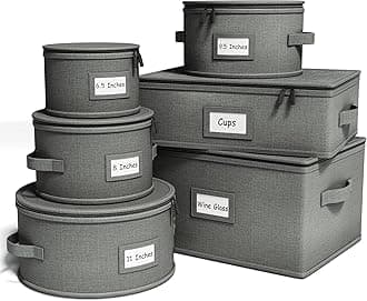 Hard Shell China Storage Containers – 6 Piece Set for Storing Dinner Plates, Salad Plates, Mugs, Quilted Dividers for Safe Moving and Seasonal Storage, Grey