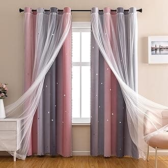XiDi Pink and Grey Star Blackout Curtains for Kids Rooms Girl Princess Curtain for Daughter Bedroom Window (Pink Grey, W52 X L63)