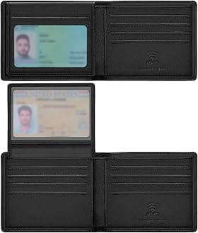 Travelambo Genuine Leather Wallet for Men with Gift Box - Handmade Bifold Stylish - Mens Wallets Rfid Blocking with 2 ID Windows, Cross Texture Black, 4.5“x3.5”, Minimalist