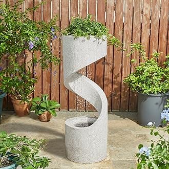 Glitzhome Decorative Tiered Outdoor Water Fountain with LED Light Vintage Curved Waterfall Fountain with Stone Planter Rustic Faux Terrazzo Spiral Shaped Fountains for Garden Patio Deck Porch, 40.25”H