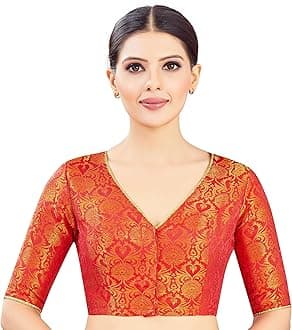 Studio Shringaar Women's Silk Short Sleeve Brocade Readymade Saree Blouse