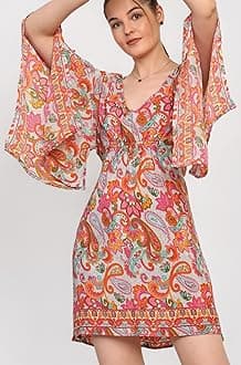 KE KANHA EXPORTS Dress for Women Short Boho Beach Western|V Neck Bell Sleeves One Piece Printed Dress Soft Silky Fabric Free Size Fits S-M-L