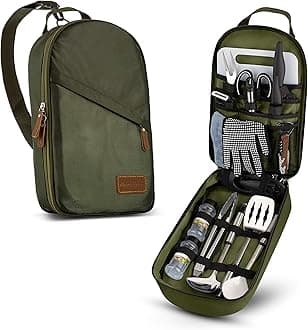 Wealers Camp Kitchen Utensil Organizer Travel Set Portable BBQ Camping Cookware Utensils Travel Kit Water Resistant Case|Cutting Board|Rice Paddle|Tongs|Scissors|Knife and Bottle Opener Version G