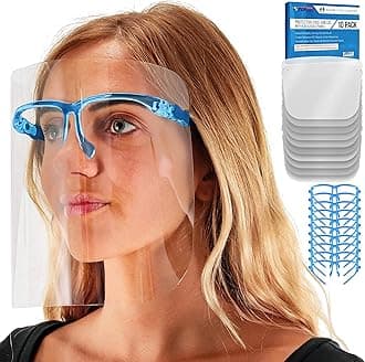 TCP GlobalSalon World Safety Face Shields with Blue Glasses Frames (Pack of 10) - Ultra Clear Protective Full Face Shields to Protect Eyes, Nose, Mouth - Anti-Fog PET Plastic, Goggles