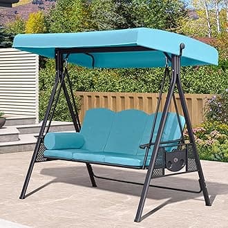 PURPLE LEAF 3-Seat Outdoor Patio Porch Swing with Adjustable Tilt Canopy, Cushions and Pillow Included, Turquoise Blue