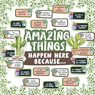 Decorably 53 Pcs Cutouts Cactus Classroom Theme Decorations Set with Borders, Cactus Classroom Decor, Plant Bulletin Board Decorations - School, Homeschool