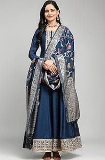 TRENDMALLS Women's Vichitra Silk Anarkali Suit Set with Jacquard Dupatta for Women Kurta Set for Women