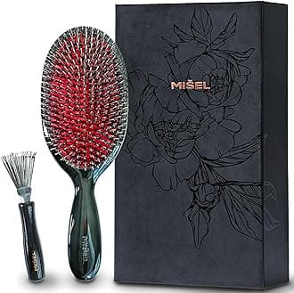 MISEL Boar Bristle Hair Brush and Brush Cleaner Bundle for Women and Men | Detangles Thin or Thick Natural Hair and Hair Extensions | Reduces Breakage | Great for Wavy and Straight Hair | Large