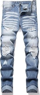 OIIIO Men's Ripped Slim Fit Straight Leg Jean Denim Pant