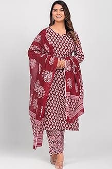 MEERA FAB Women's Cotton Printed Straight Kurta with Palazzo & Dupatta Set