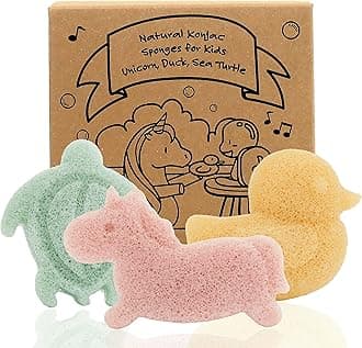 myHomeBody Konjac Baby Sponge for Bathing, Cute Shapes Natural Kids Bath loofah for Infants, Toddler, Newborns, Safe Plant-Based, 3pc. Set: Unicorn, Duck, Sea Turtle