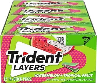 Trident Layers Watermelon & Tropical Fruit Sugar-Free Chewing Gum, 12 Packs of 14 Pieces (168 Total Pieces)
