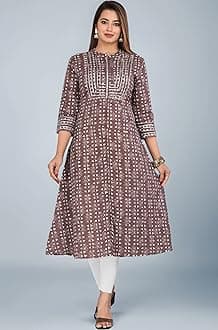 KANNAHI Women Pure Cotton Ethnic Motif Print A-line Straight Kurta Jaipuri Sanganeri Printed 3/4 Sleeve Kurti for Casual Party & Festival Wear for Girls & Womens