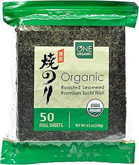 ONE ORGANIC Sushi Nori Premium Roasted Organic Seaweed (50 Sheets) by One Organic