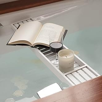 VencierBamboo Wood Bath Tub Rack Bathroom Shelf Tidy Tray Storage Caddy Organiser (White)