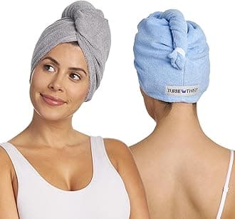 Turbie TwistMicrofiber Hair Towel Wrap - for Women, Men & Kids - Travel & Bathroom Essential - Quick Dry Hair Turban for Curly, Long & Thick Hair - 2 Pack (Grey, Blue)