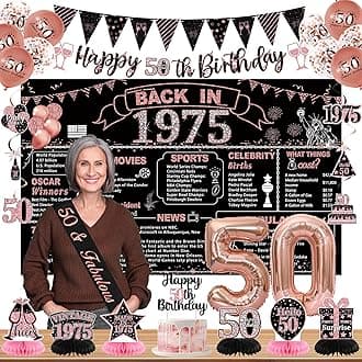 DARUNAXY50th Birthday Party Decorations for Women, Rose Gold Back in 1975 Banner, Rose Gold 50 Number Balloons & Cake Topper, Vintage 1975 50 Birthday Honeycomb Hanging Swirl Confetti Balloons(28PC)