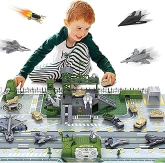- XDUOYJOY Military Base Toy, Army Toys Set with 13 Vehicles Airplane Tank Trucks Helicopter Fighter Jet, Play Mat with Army Men Action Figures and Accessories, Birthday Gift for Kids