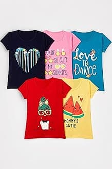 T2F Girls Cotton Printed Regular Fit T-Shirt (Pack of 5)