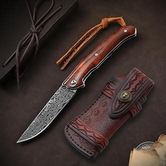 Damascus Pocket Knife with Leather Sheath for Men Women, Wooden Handle, Vg-10 Steel Damascus Folding Knife, 3.54 Inch Blade Foldable EDC Knife for Camping Fishing Hiking Hunting Gift