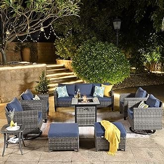 ovios 9 Pieces Patio Furniture Set with Square Fire Pit Table, Outdoor Swivel Rocking Chairs, High Back Wicker Rattan Conversation Set for Deck Porch, Denim Blue