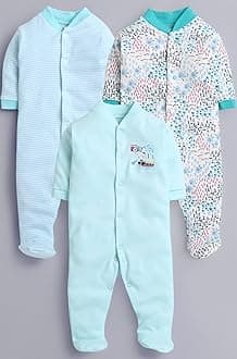 EIO 100% Cotton Rompers/Sleep Suits/Jumpsuit/Night Suits for Baby Boys & Girls, Infants, New Born Combo Pack Mint