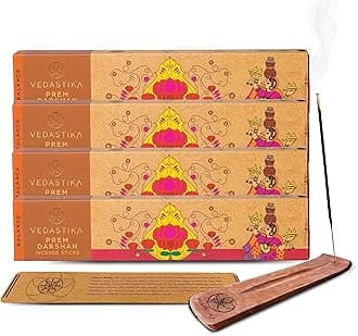 VEDASTIKA Prem Darshan Fragrant Long-Lasting Aroma Therapy Charcoal Free Incense Sticks, Non-Allergic 180 Handmade Agarbatti for Pooja n Meditation with Burner Stand_Pack of 4