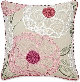 haus & kinder Cotton Decorative Embroidered Cushion Cover | Knitted Chambray Front Throw Pillow Cushion Cover for Sofa Living Room | 16Inch X 16Inch | Outline Floral, 260 TC