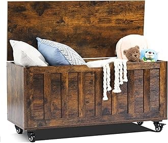 Storage Chest, 39.4'' Wooden Storage Bench with 4 Wheels, Shoe Bench with 2 Safety Hinges, Retro Toy Box Organizer Support 300 lbs for Bedroom, Living Room, Easy Assembly, Rustic Brown